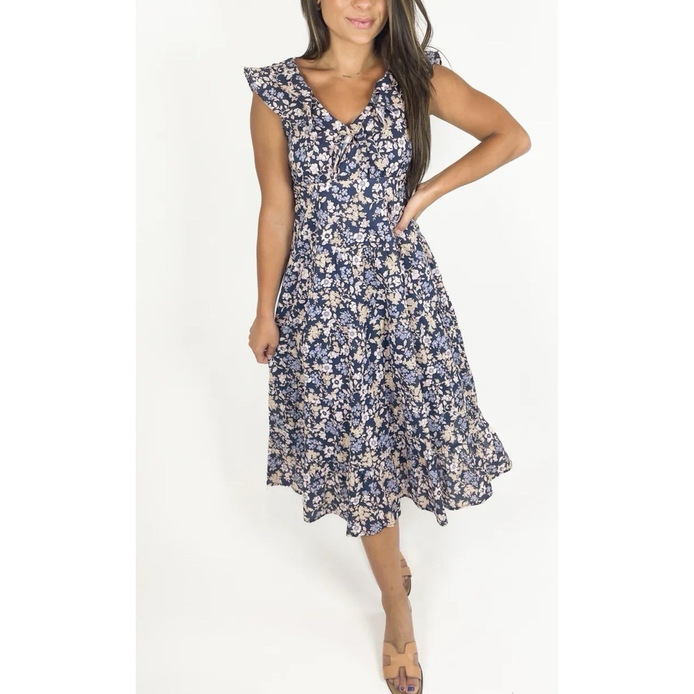 Heartloom Into The Garden Midi Dress Tiered Floral Smocked Back Lined Navy Sz XS